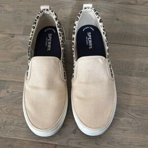 Women’s Beige Slip-On Sneakers with Leopard Trim